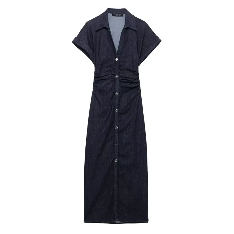 Womens Denim Dresses Summer 2025 Button Bodycon Blue Dress Ruffled Denim Turn Down Collar Long Dress Chic Casual Beach Vestidos