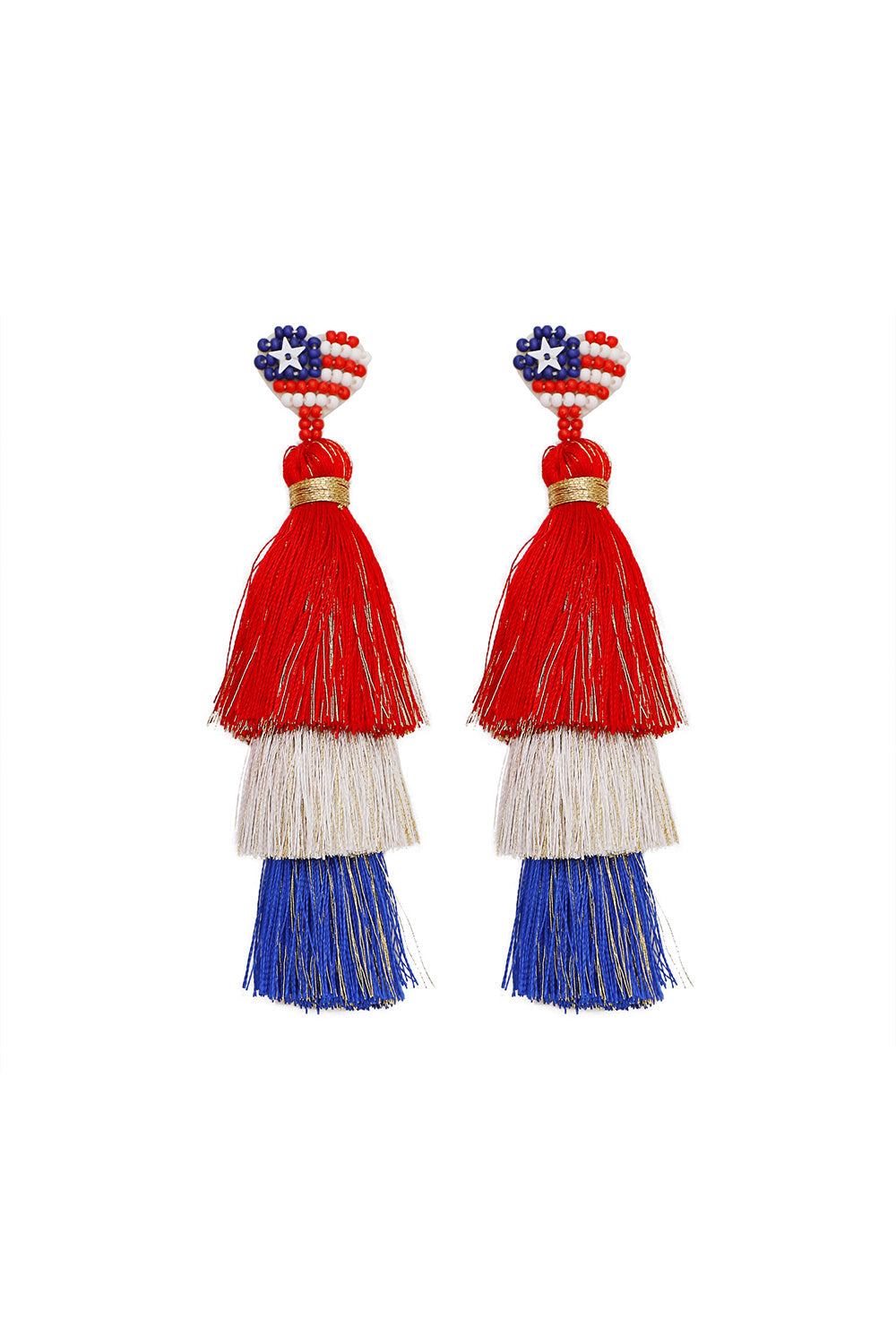 Tiered Red/White/Blue Tassel Beaded Dangle Earrings