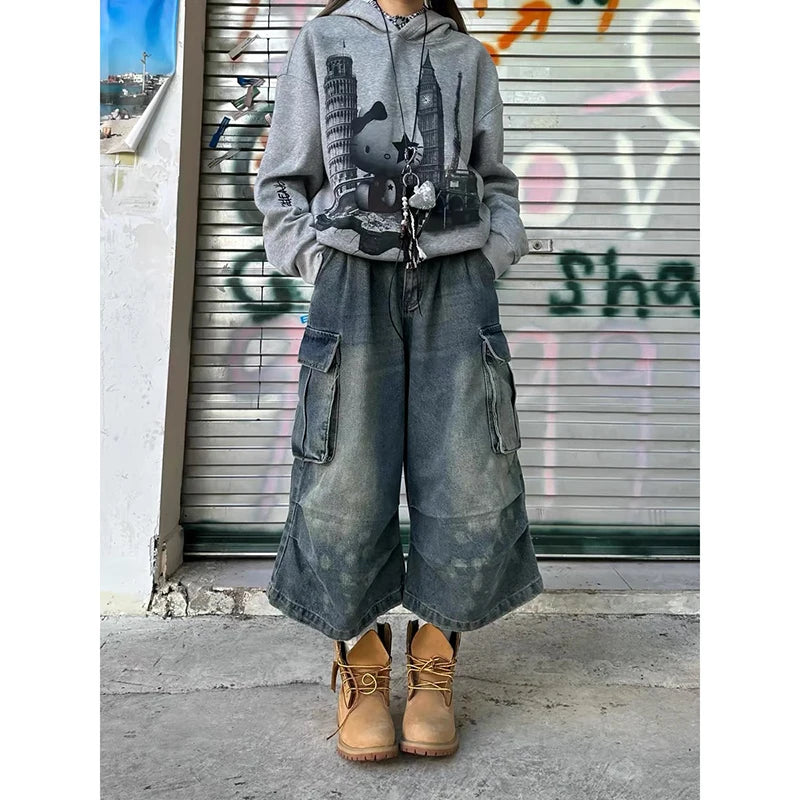 ZHIZOU Women's Summer Vintage High Waist Blue Retro Washed Denim Shorts Fashion Casual Loose Fit Y2K Streetwear Mid Long Short