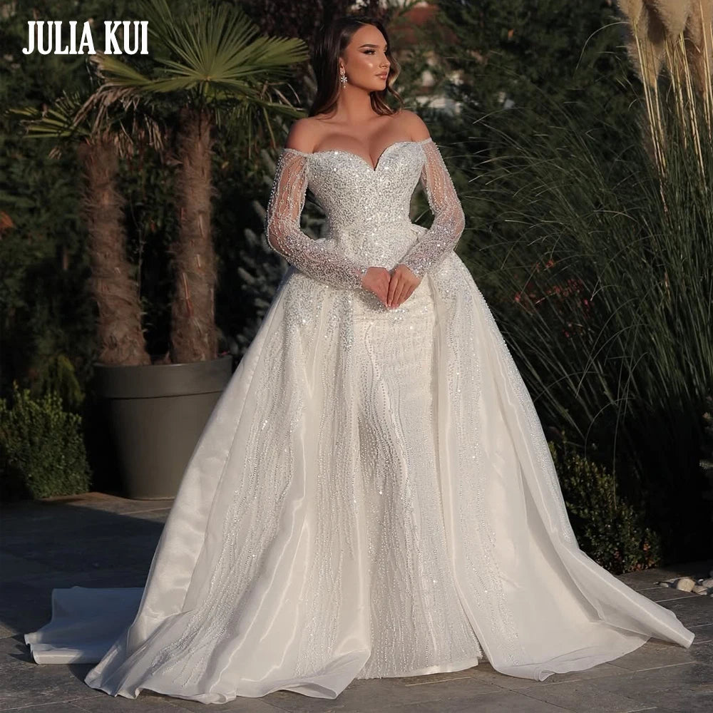 Julia Kui Custom Made Sweetheart 2 In 1 Mermaid Wedding Dress Off Shoulder full sleeves Shiny Beading Appliques Bridal Gowns