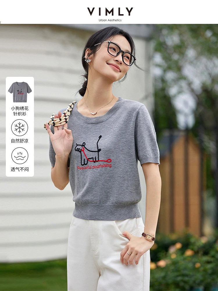 VIMLY Women's Summer Knit Tops Knitwear Fun Puppy Embroidered Short Sleeve T-Shirt 2025 Casual Crew Neck Knitted Sweater 75021