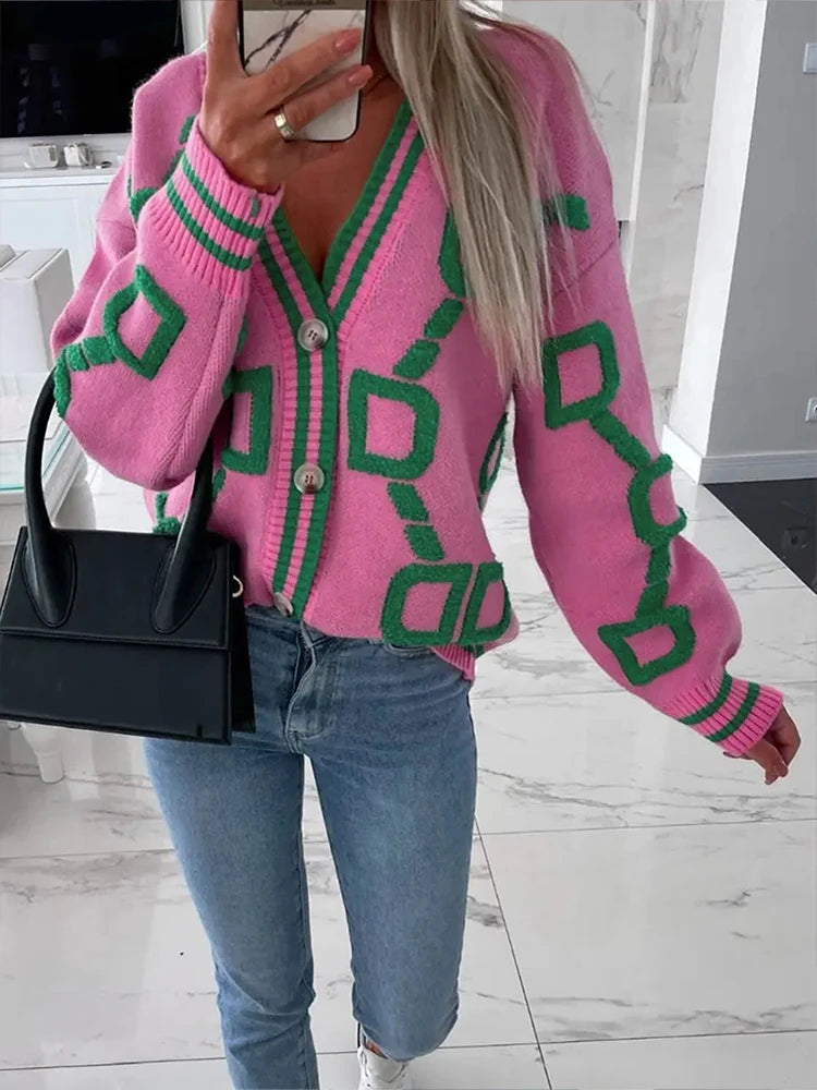 Plus Size Women's Casual V-Neck Letter Print Buttoned Loose Cardigan, Spring And Autumn Long Sleeve Sweater Jacket Buttoned