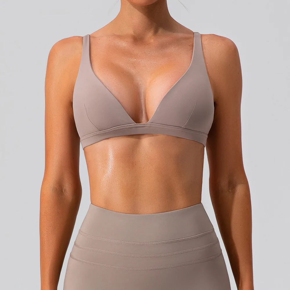 High Strength Nude V-neck Bra, Shock-absorbing and Tight Fitting Sports Bra, Pilates Running and Fitness Vest for Women