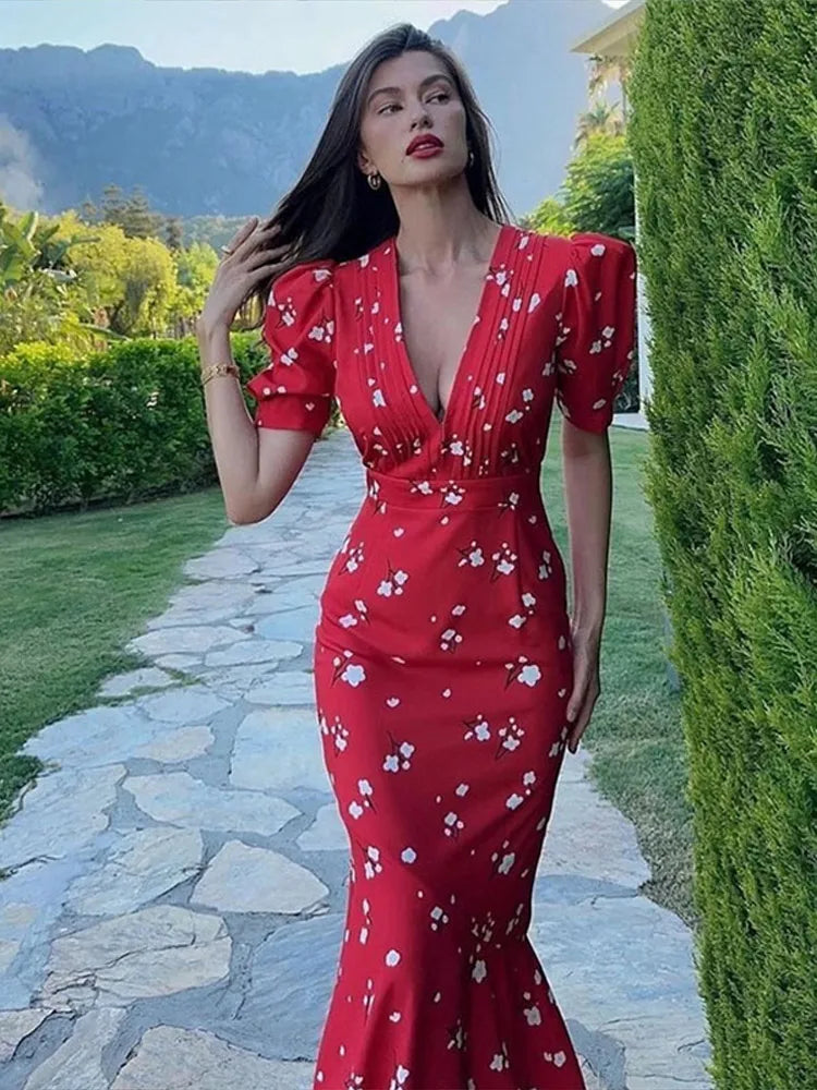 Print Deep V Shoulder Pad Long Dress Women Elegant Short Sleeve Waist Cinching Hip Package Sheath Party Dresses New Summer Robes