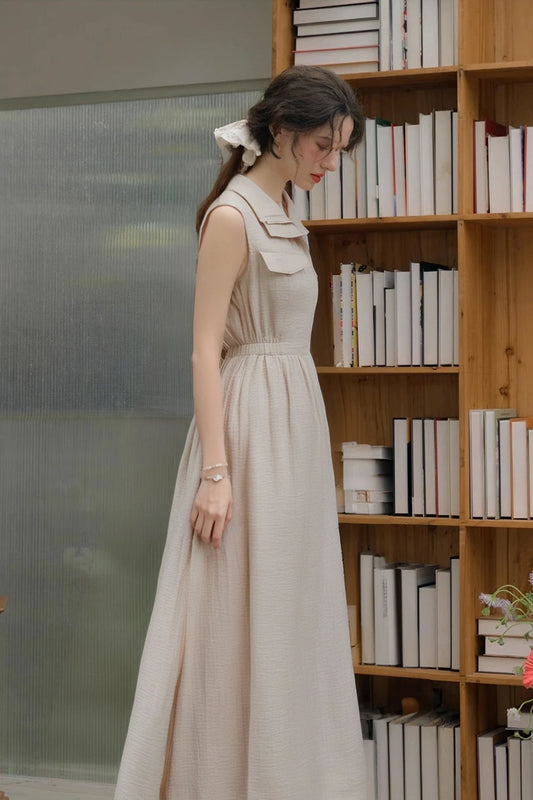 VIMLY Women Office Lady Vest Dress 2025 Summer Casual Sleeveless Lapel Dress Simple Elegant Style Commuter Sundress with Pockets