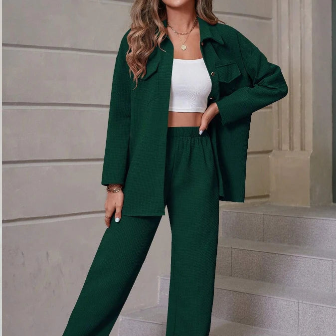 Workwear Style Mountain Style Long Sleeved Jumpsuit 2025 Women Two Piece Trendy Waffle Collar Cardigan Casual Suit
