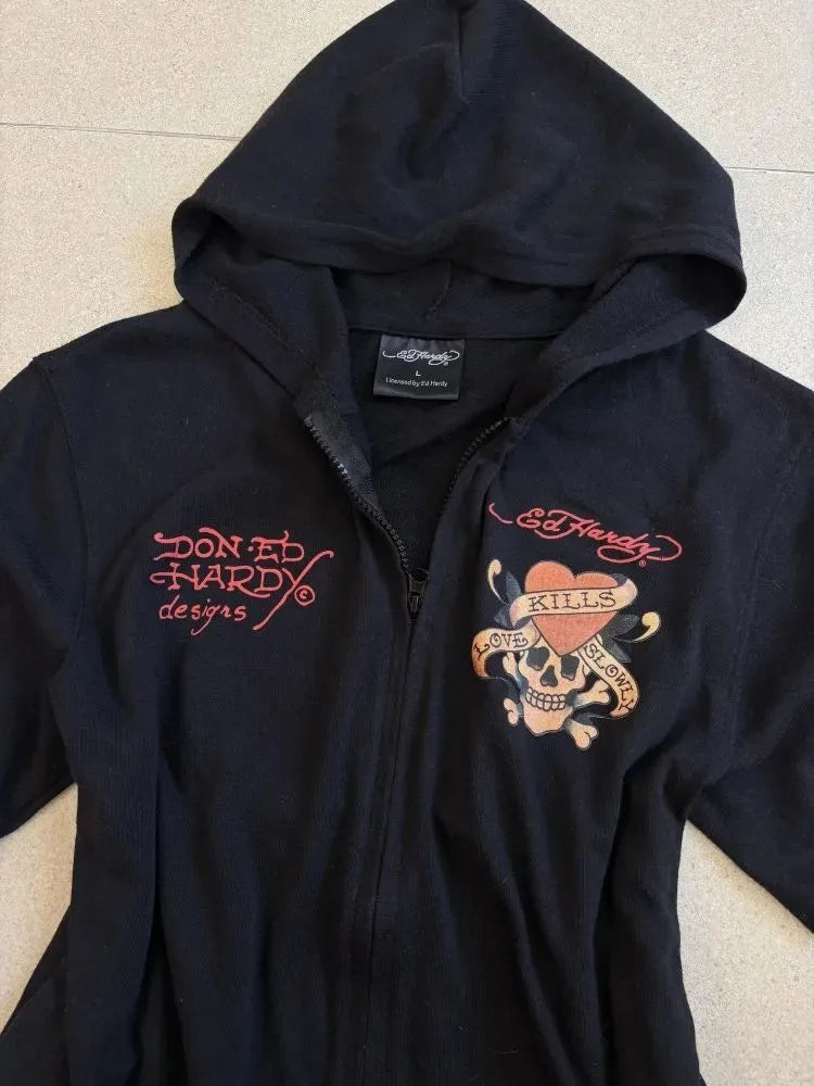 Summer Short sleeved Hoodie Zipper Gyaru Subculture 2000s Streetwear Hooded Hip Hop Y2k Clothes Grunge Harajuku Hot Girl Blouse