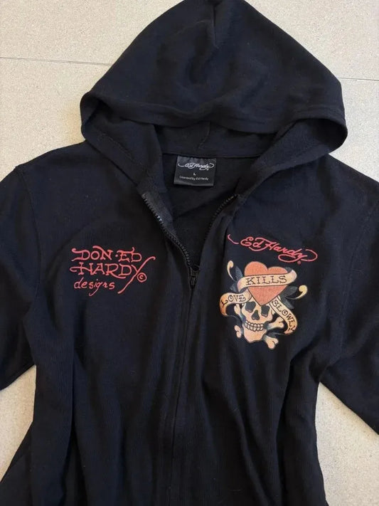 Summer Short sleeved Hoodie Zipper Gyaru Subculture 2000s Streetwear Hooded Hip Hop Y2k Clothes Grunge Harajuku Hot Girl Blouse