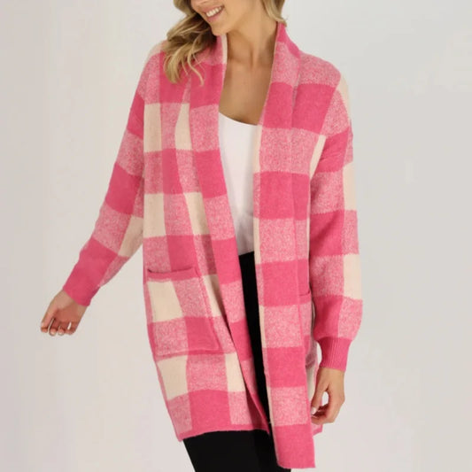 Rose red large size plaid striped sweater knitted long large lapel pocket casual commuting all-match cardigan