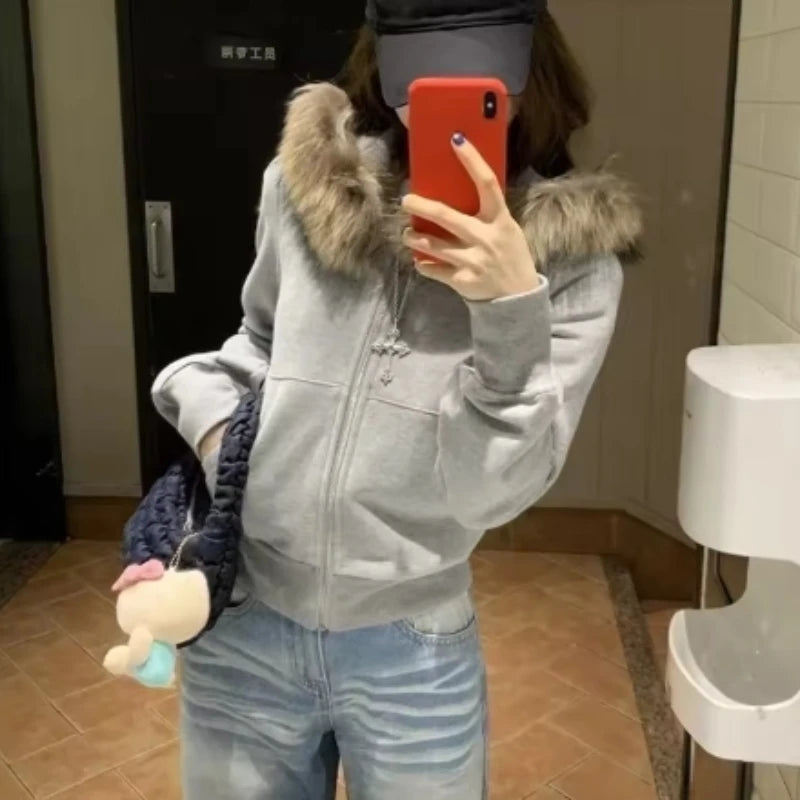 Vintage Letter Fur Collar Hooded Sweatshirt Autumn Winter Zipper Y2K Retro Fleece Jacket Harajuku Embroidery Plush Dark Fashion