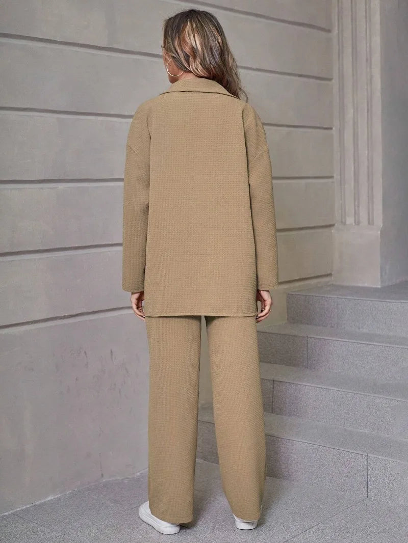 Workwear Style Mountain Style Long Sleeved Jumpsuit 2025 Women Two Piece Trendy Waffle Collar Cardigan Casual Suit