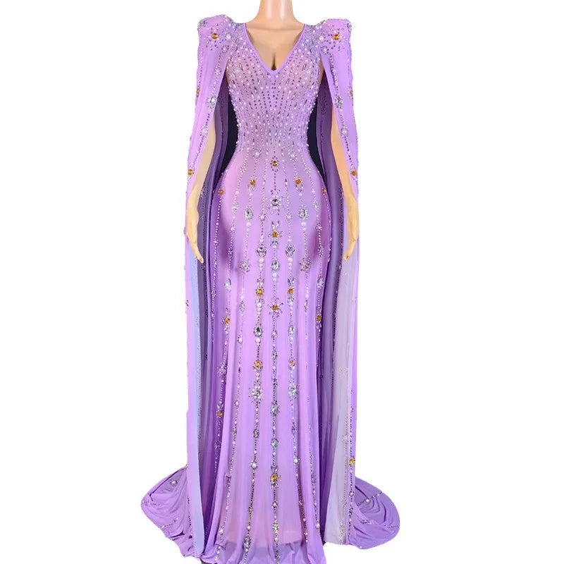 Purple Birthday Costume Diamond Performance Costume New Long Sleeve Shiny Diamond Purple Sexy Mopping Floor Noble Dress Women