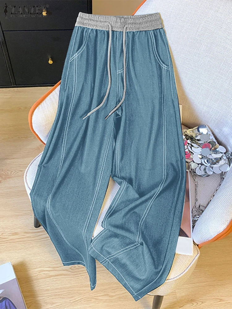 ZANZEA Women Denim Wide Leg Pants 2025 Casual Pockets Elastic Waist Long Pants Fashion Pleated Lace-up Trousers Loose Bottoms