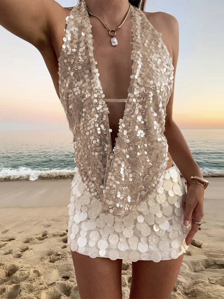 Trendix Sexy Deep V Neck Beach Tank Top Hot Girls 2025 Summer Sequins Patchwork Sleeveless Vest Women Vacation Sexy Backless Top
