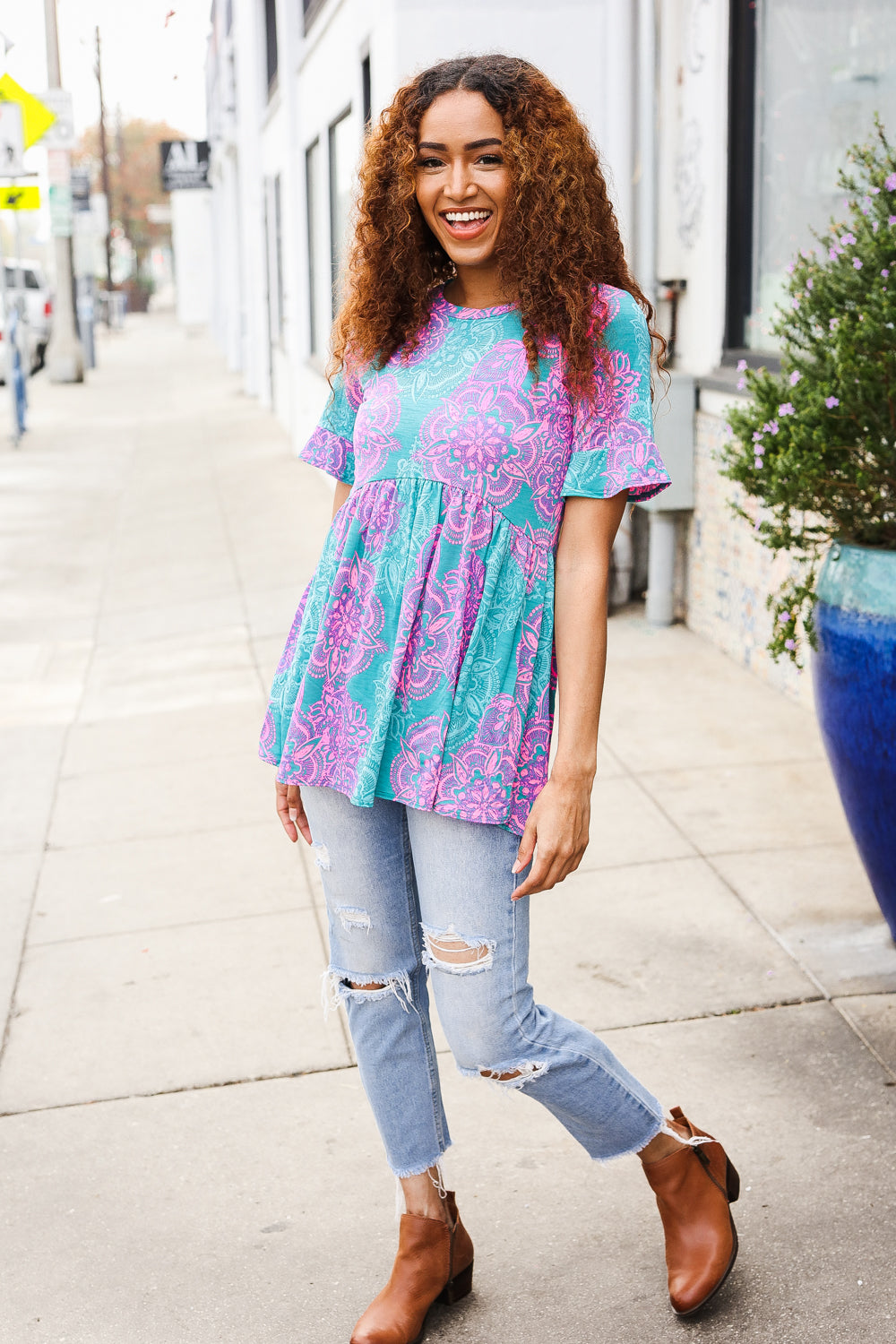 Casual Living Turquoise Floral Print Short Sleeve Knit Top