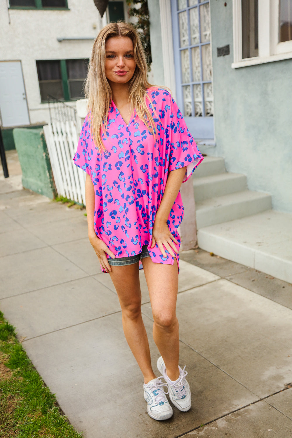 Dazzle In Hot Pink Animal Print V Neck Dolman Sleeve Top