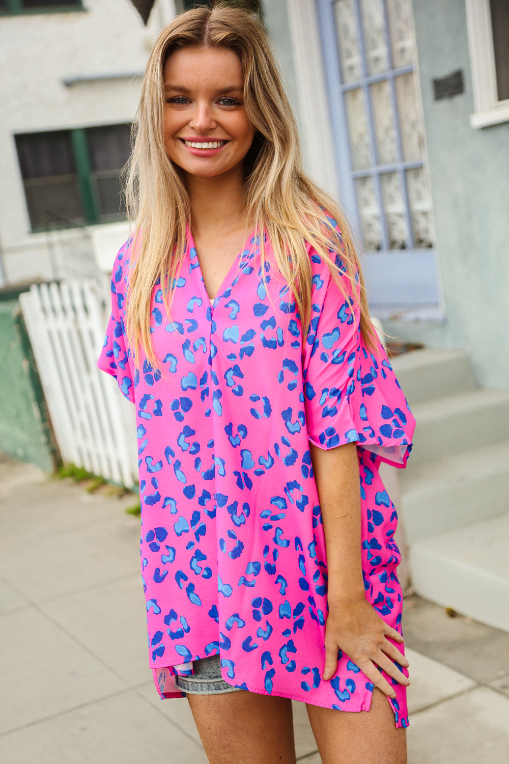Dazzle In Hot Pink Animal Print V Neck Dolman Sleeve Top