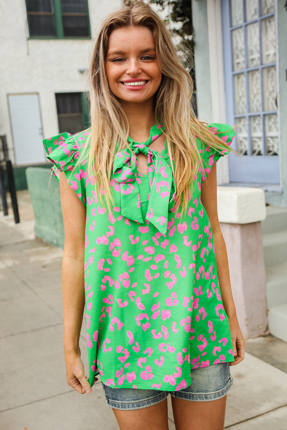 Be Bold Green Animal Print Bow Tie Flutter Sleeve Top