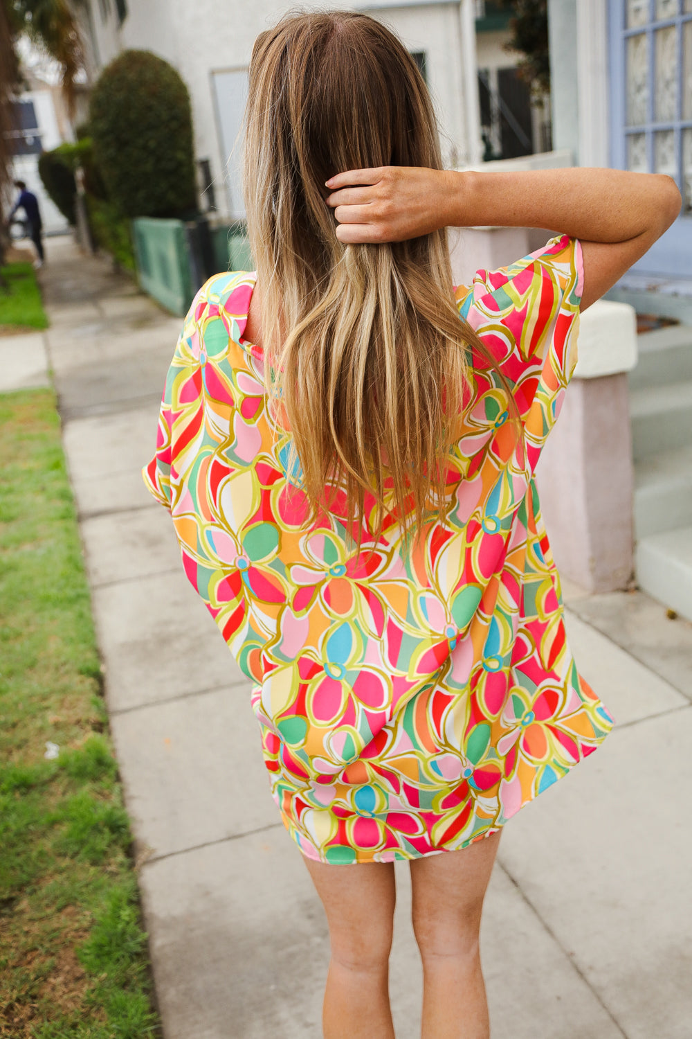 Casual Chic Multicolor Abstract V Neck Dolman Sleeve Top