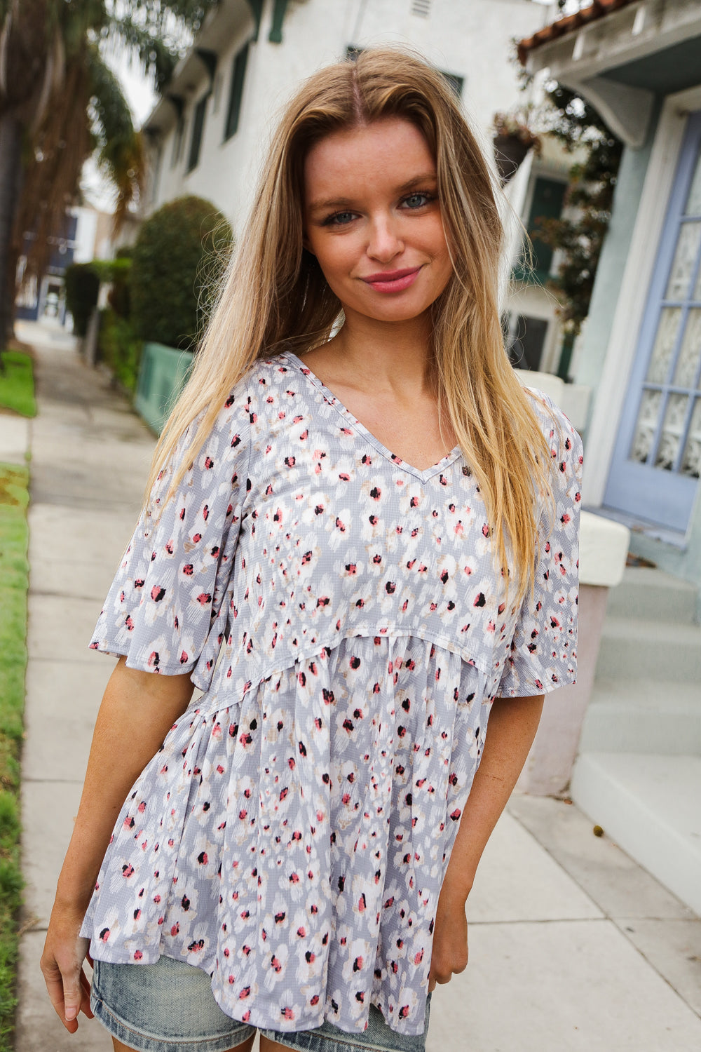 Feeling Bold Blue Grey Animal Print Short Sleeve Babydoll Top