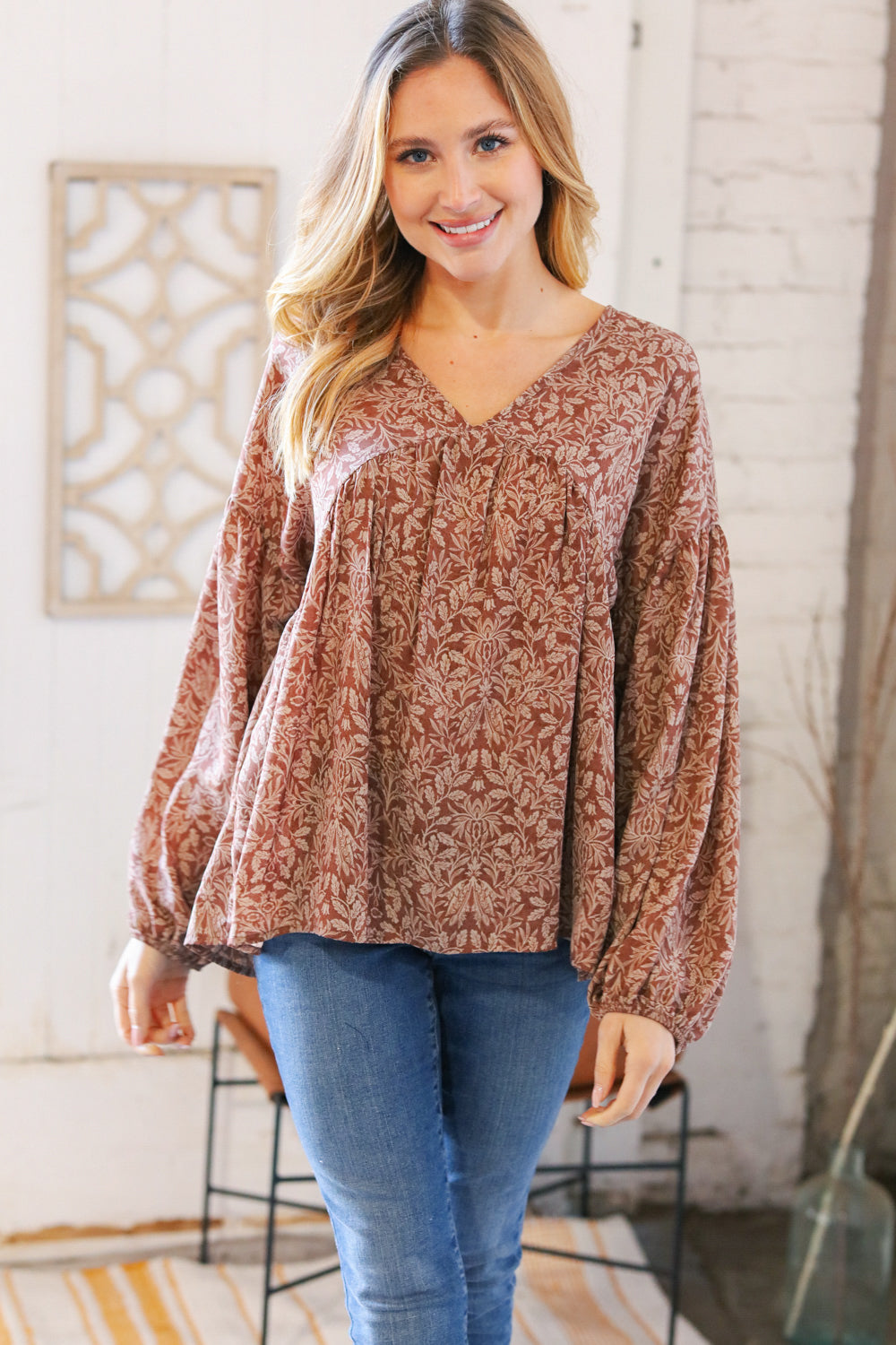 Mocha V Neck Ethnic Babydoll Woven Top