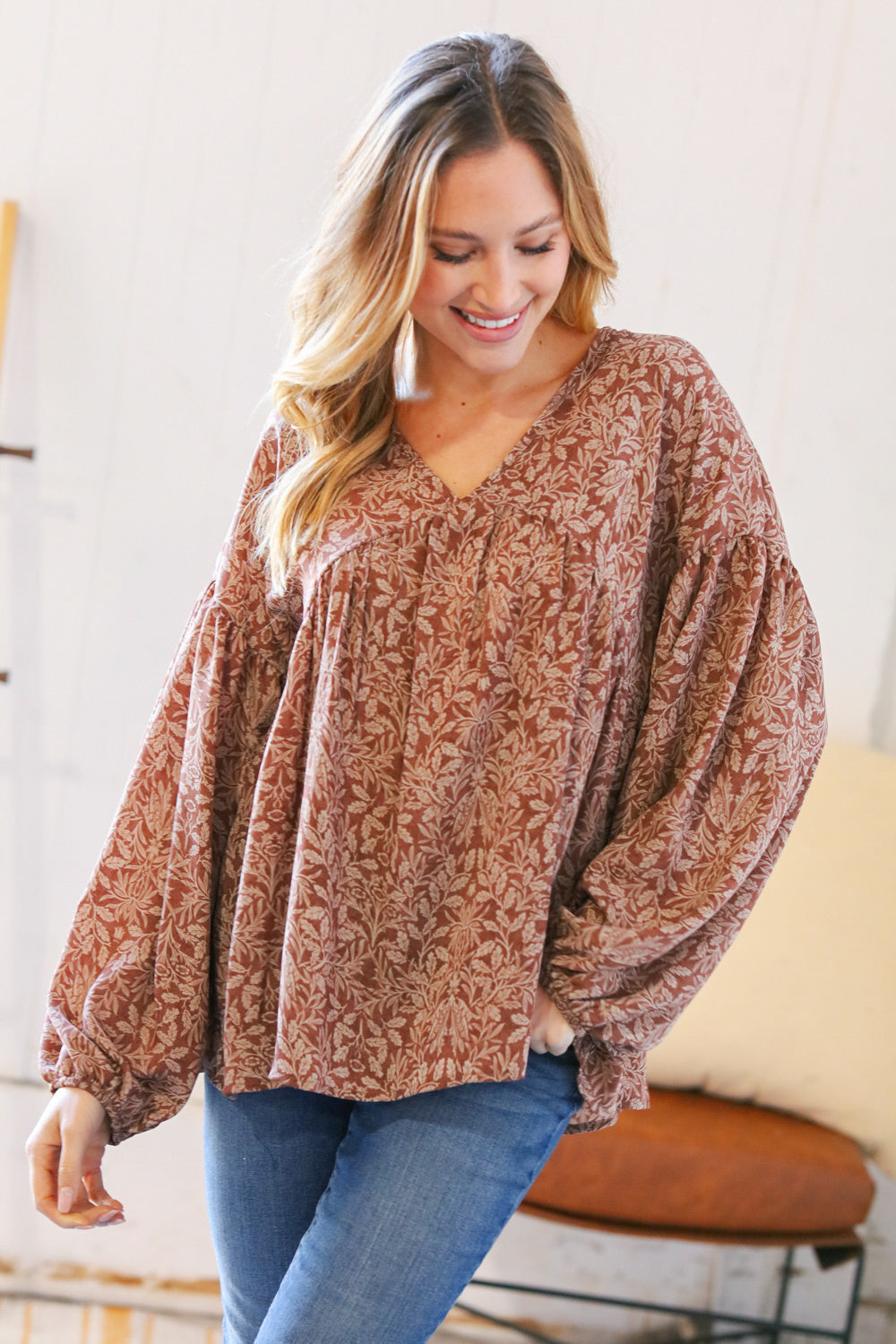 Mocha V Neck Ethnic Babydoll Woven Top