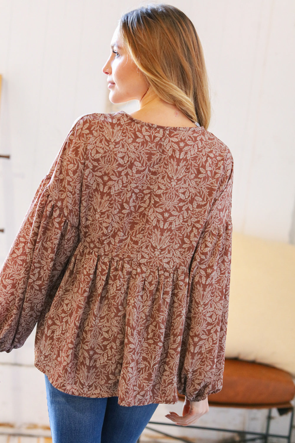 Mocha V Neck Ethnic Babydoll Woven Top