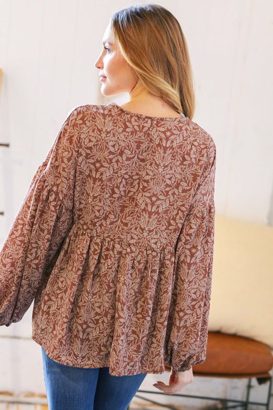 Mocha V Neck Ethnic Babydoll Woven Top