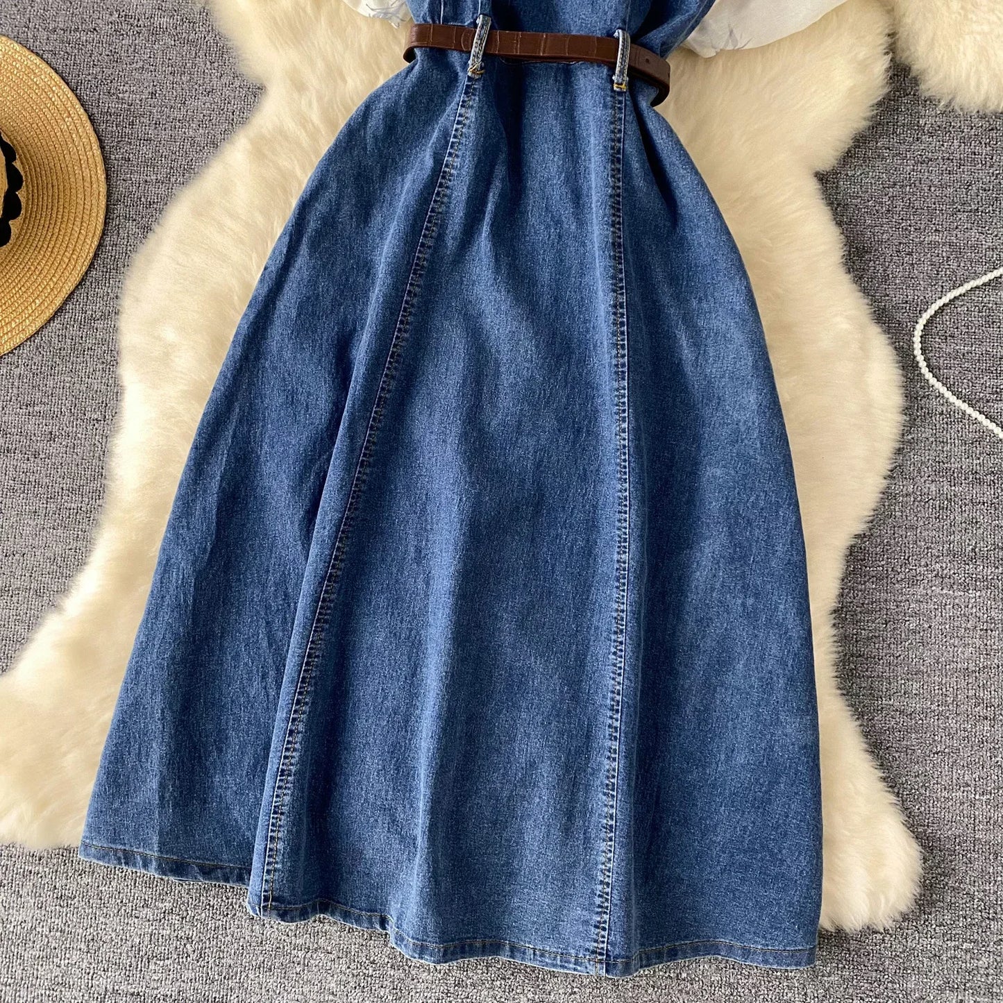 Short-sleeved Single-breasted Denim Dress.Women's Summer New Style Design Sense Square Collar Bubble Sleeve Splicing Long Dress