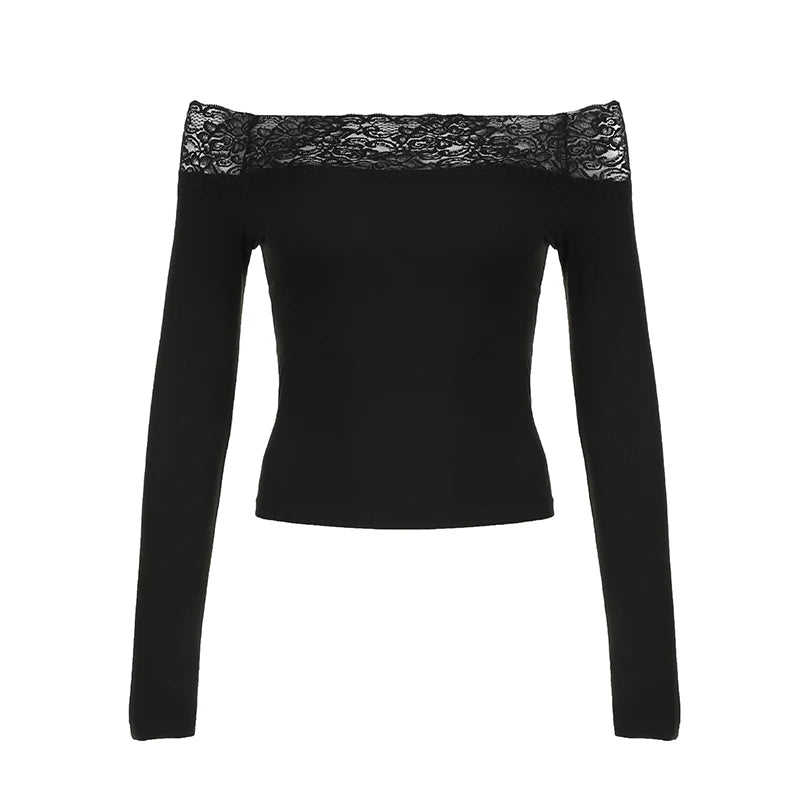 CIBBAR Black Lace Stitched Slash Neck Crop Top Elegant Sexy Skinny Long Sleeve T Shirts for Women Harajuku Y2k Spring Tees Basic
