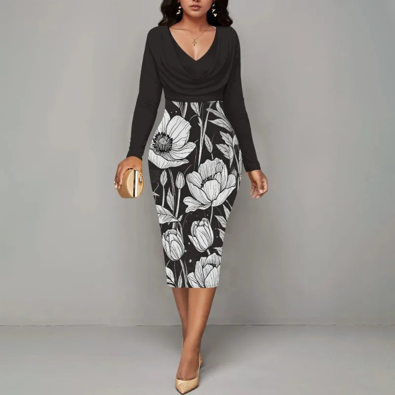 Womens Midi Dresses Church Dresses Long Sleeve Bodycon Cowl Neck Pencil Dress