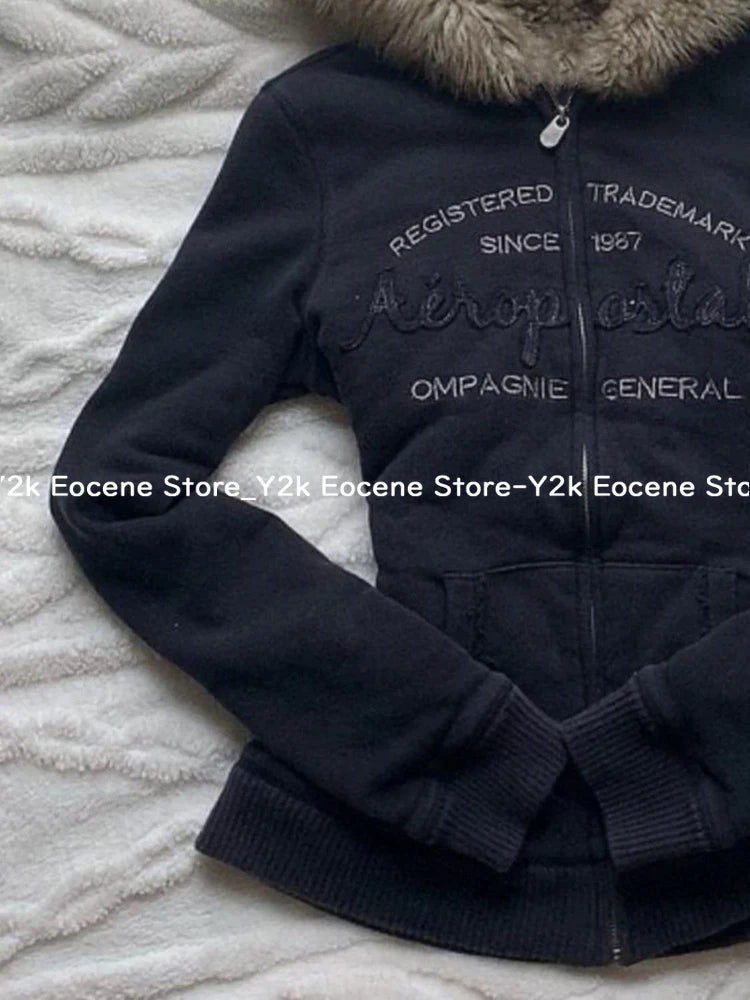Vintage Letter Fur Collar Hooded Sweatshirt Autumn Winter Zipper Y2K Retro Fleece Jacket Harajuku Embroidery Plush Dark Fashion