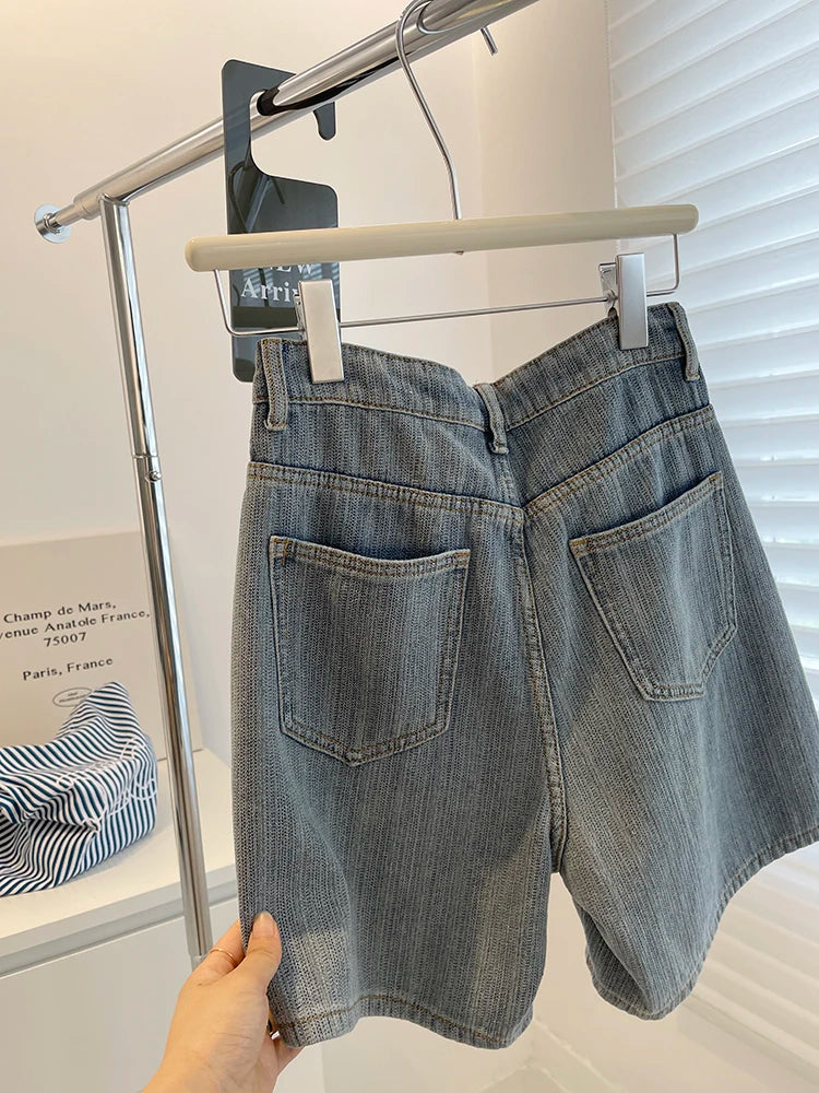 Summer Women Denim Shorts High Waisted Zipper Embroidered Retro Blue shorts American Casual Fashion Female Knee Length Jeans