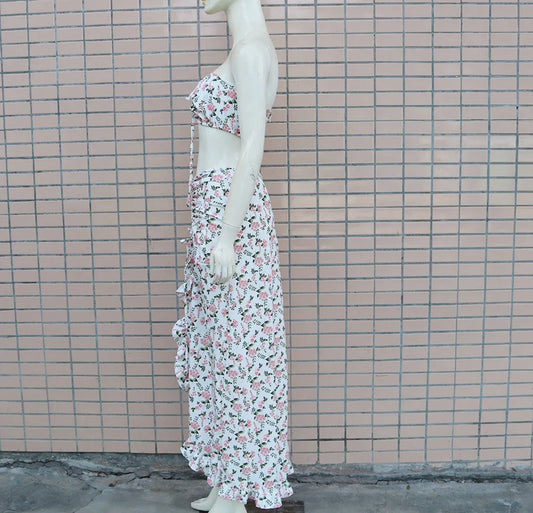Printed Two-piece Sets Woman Summer 2024 Sexy Pleated Ruffled Edge Dress and Sleeveless Vest Suit for Female New Streetwear