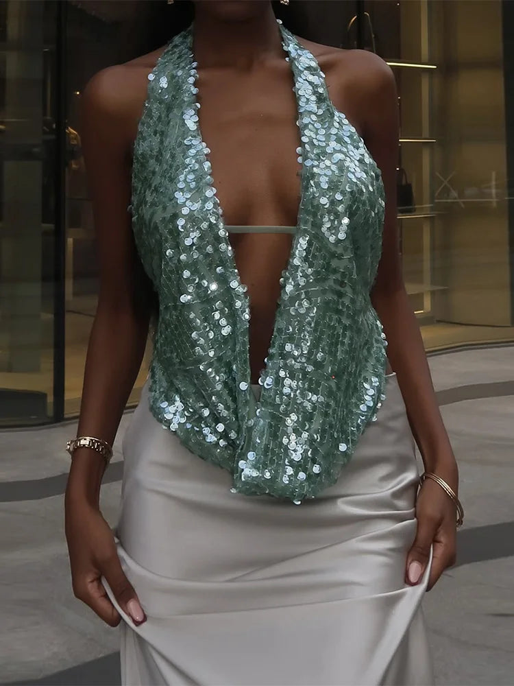 Trendix Sexy Deep V Neck Beach Tank Top Hot Girls 2025 Summer Sequins Patchwork Sleeveless Vest Women Vacation Sexy Backless Top