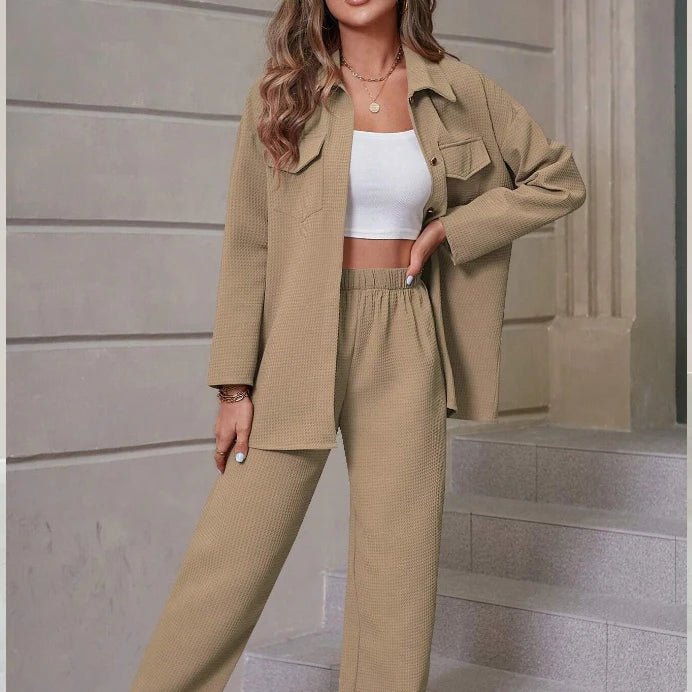 Workwear Style Mountain Style Long Sleeved Jumpsuit 2025 Women Two Piece Trendy Waffle Collar Cardigan Casual Suit