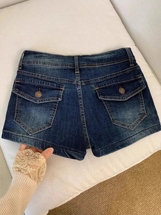 Retro Low Waist Deep Blue Denim Shorts Women Summer Sexy All Match Jean Shorts Pants  Girl Hot Vintage Streewear Bottoms 2025