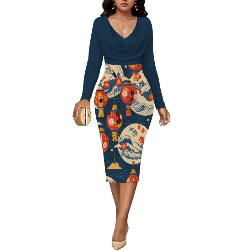 Womens Midi Dresses Church Dresses Long Sleeve Bodycon Cowl Neck Pencil Dress
