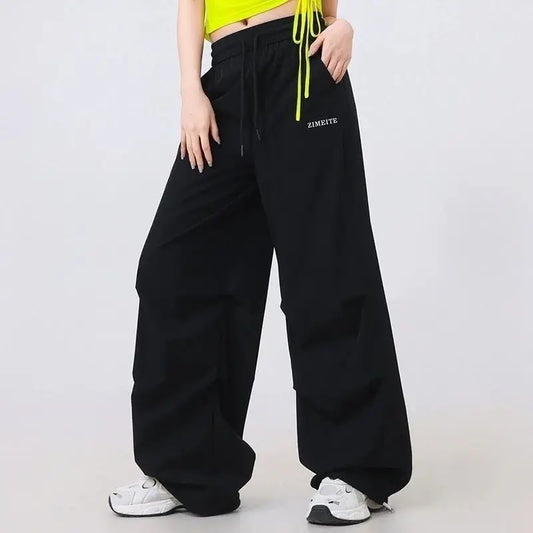 Fashion Printed Letter Spliced Pockets Casual Pants Female Clothing 2025 Spring Summer New Loose Elastic High Waist Cargo Pants