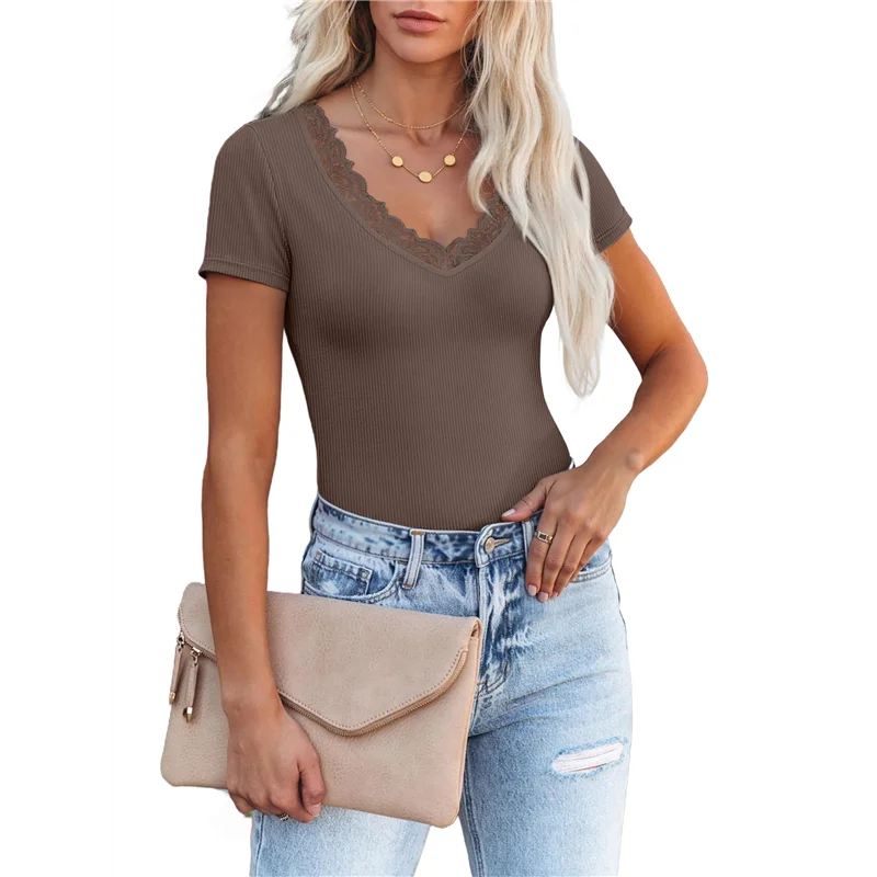 ASDS-Women Short Sleeve Lace V Neck Shirts Ribbed Knit Fitted Business Dressy Casual Summer Blouses T-Shirt