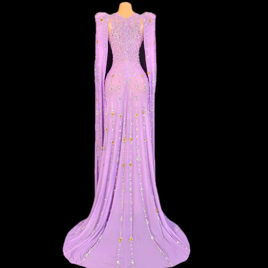 Purple Birthday Costume Diamond Performance Costume New Long Sleeve Shiny Diamond Purple Sexy Mopping Floor Noble Dress Women