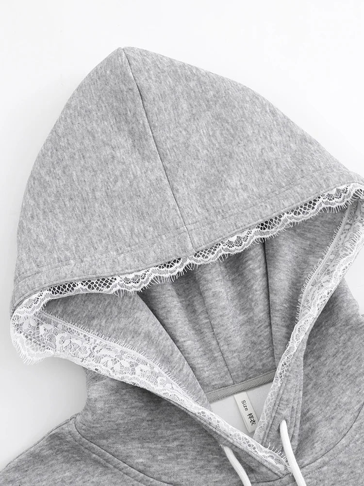 GIBSIE Plus Size Embroidered Lace Thickened Fleece Hoodies Women 2024 New Winter Kangaroo Pocket Casual Warm Sweatshirts Top