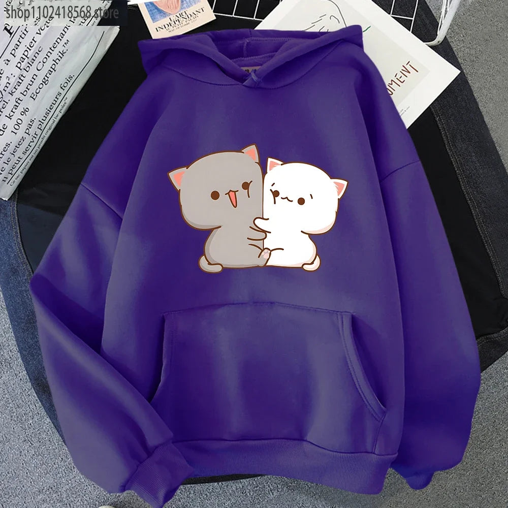 Kawaii Cat Hoodie Peach Funny Cute Sweatshirts Cartoon Print Clothing Women Aesthetic Spring Winter Pink Top Girls Hooded Female