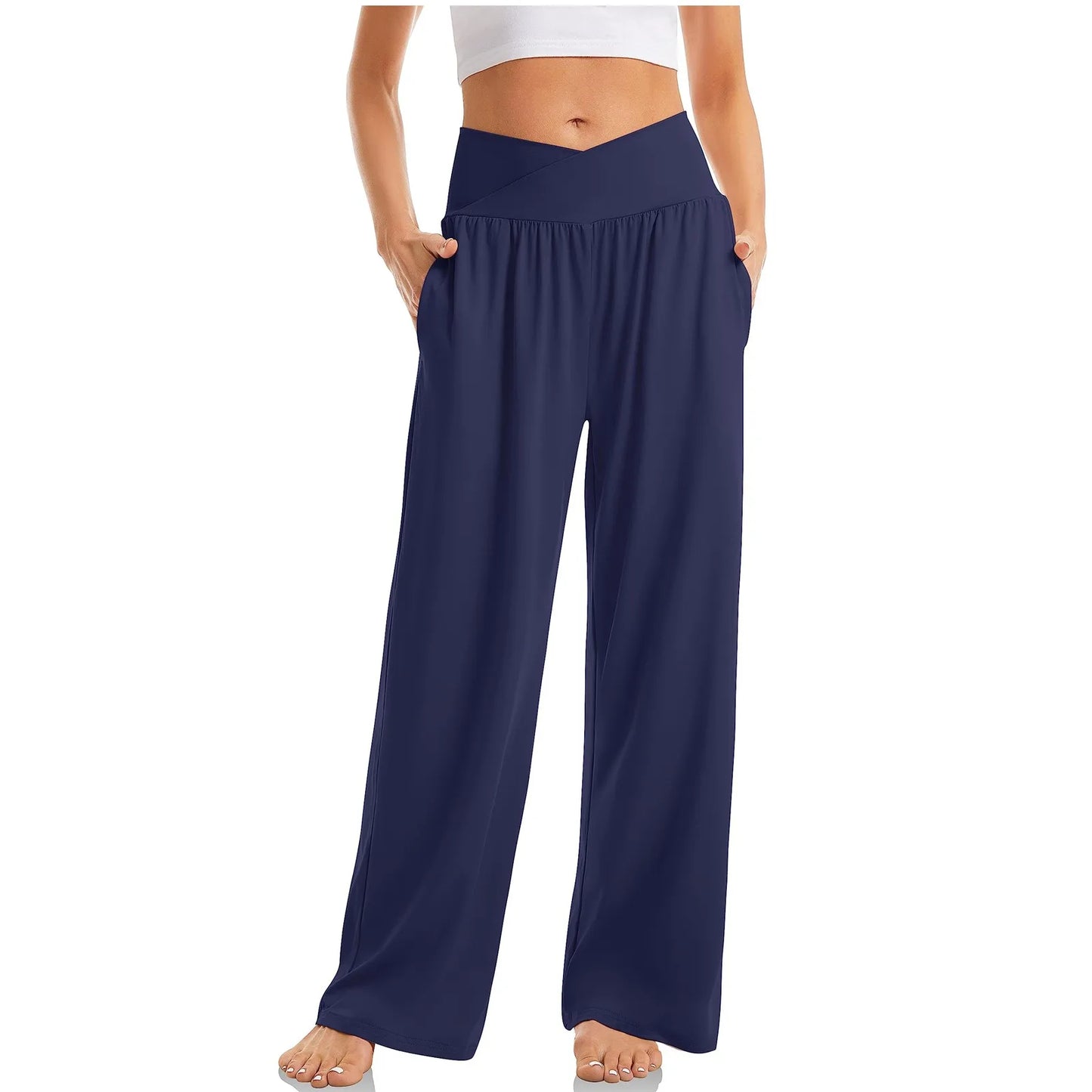 Women's High Waist Solid Color Casual Comfortable Elastic Waist Straight Trousers Wide Leg Sports Long Pants With Pockets