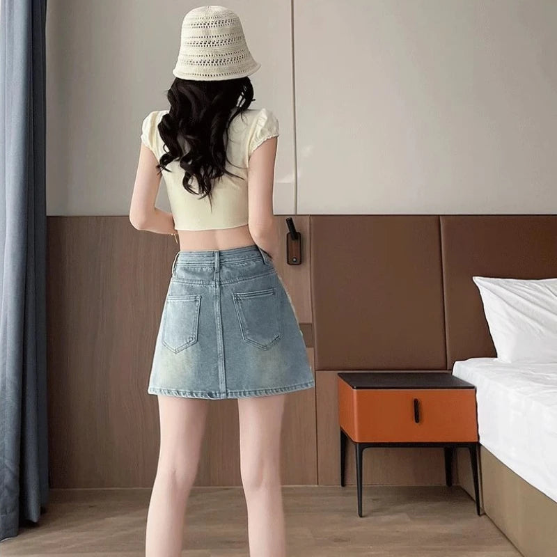 Woman Denim Skirt Short Splicing Cute High Waist Jeans Skirts for Women Quality Harajuku Clothing Trend 2025 Chic and Elegant