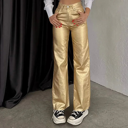 Women's Shiny Metallic Holographic Straight Wide-Leg Long Pants 2024 Spring Gold Silver Trousers Clubwear with Pockets