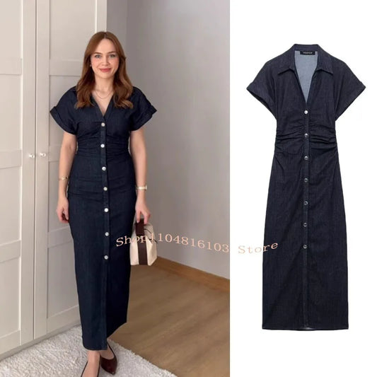 Womens Denim Dresses Summer 2025 Button Bodycon Blue Dress Ruffled Denim Turn Down Collar Long Dress Chic Casual Beach Vestidos