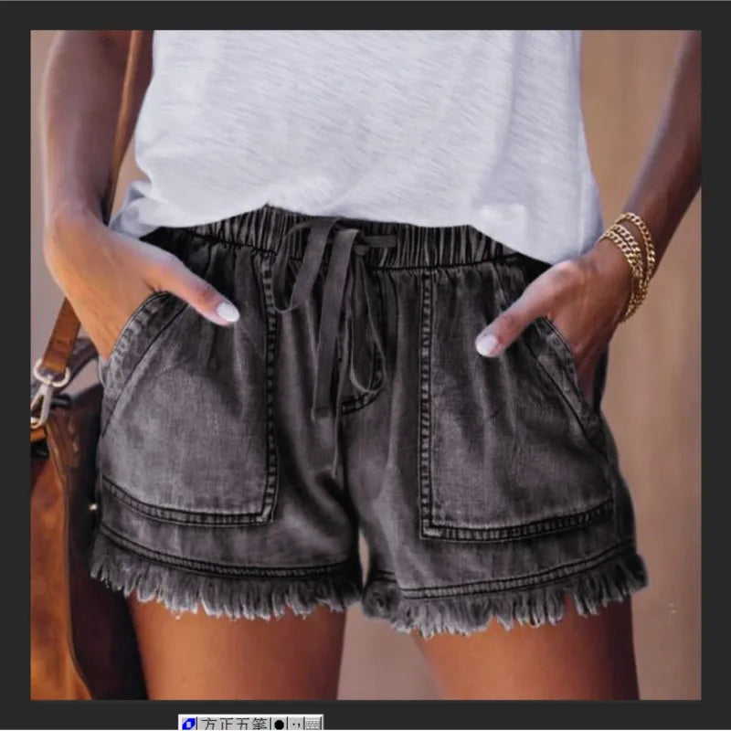 Jean Shorts for Women's Drawstring Elastic Waisted Casual Denim Shorts with Pocket Tassel Hem Soft Summer Trendy Loose Jeans