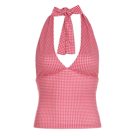 Fashion Y2k Sweet Halter Women Tanks Skinny Sleeveless Print Hotsweet V-Neck Backless Blouses