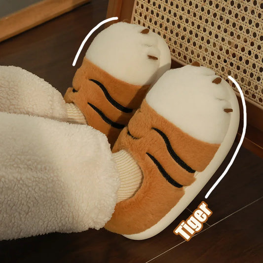 2025 Cartoon Tiger Paw Slipper Winter Indoor Warm Fur Shoes Slides Cute Animals Plush Platform Design Claw Ladies Home Slippers